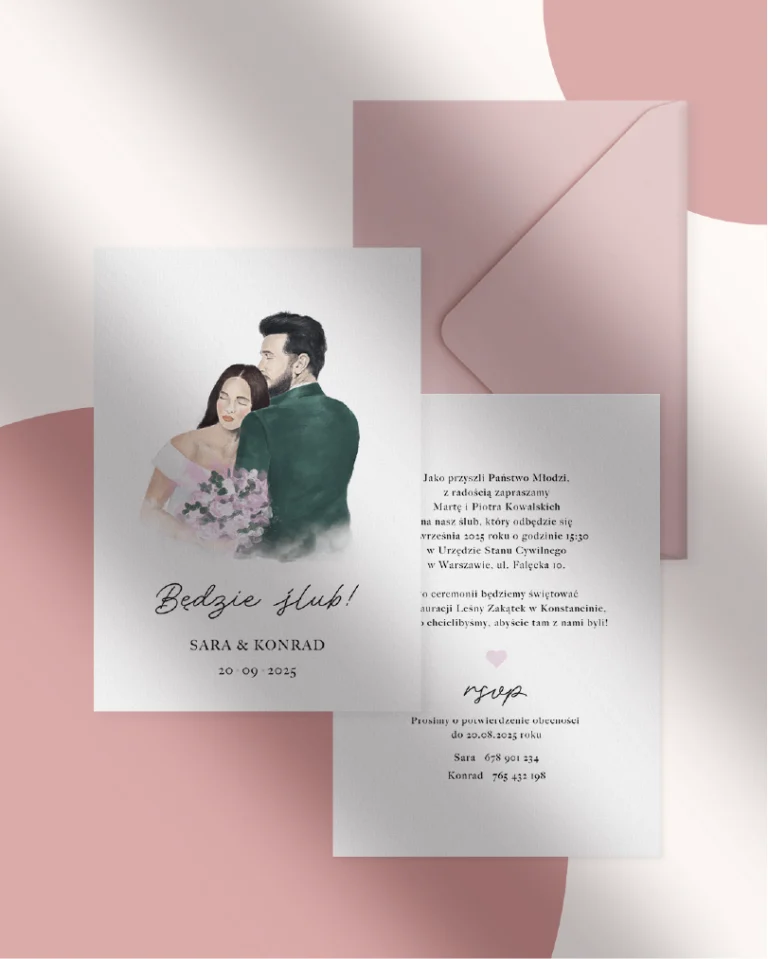 Zaproszenie ślubne z portretem pary i różową kopertą
