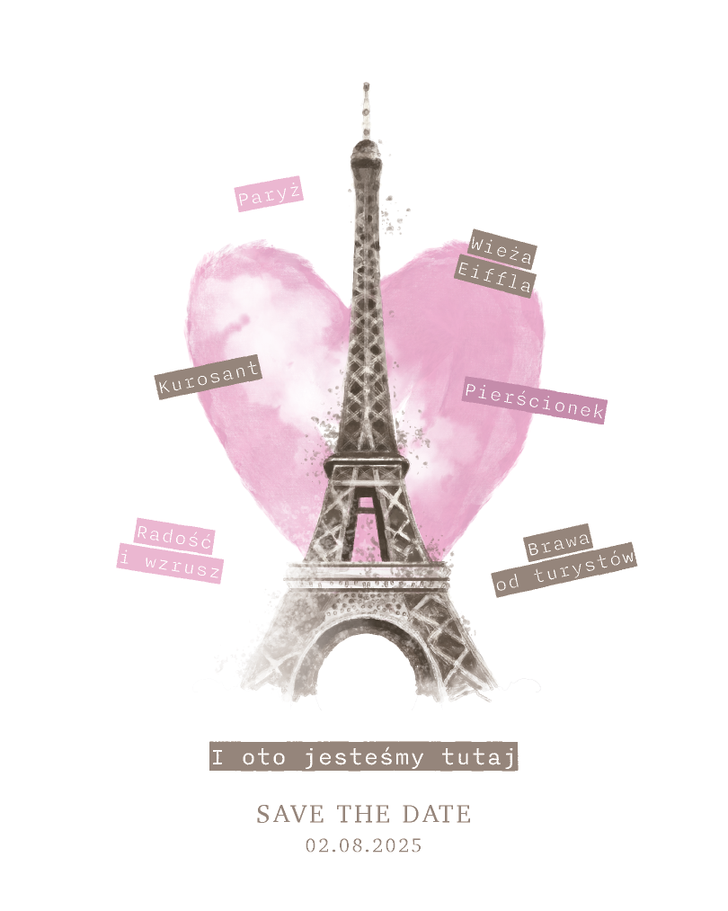 Save the Date z wieżą Eiffla i różowym sercem, z opisami w stylu kolażu. Papeteria i ilustracje.