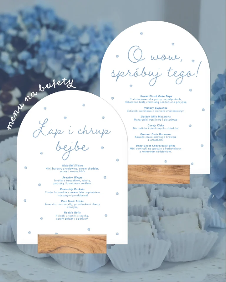 Niebieskie menu na bufet z hasłami Łap i chrup bejbe oraz O wow, spróbuj tego – dekoracja baby shower z muffinkami