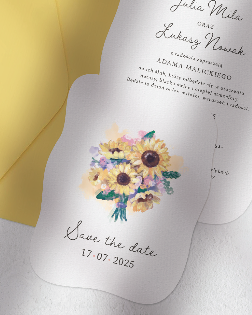 Zaproszenie ślubne z bukietem słoneczników i napisem Save the Date na tle żółtej koperty.
