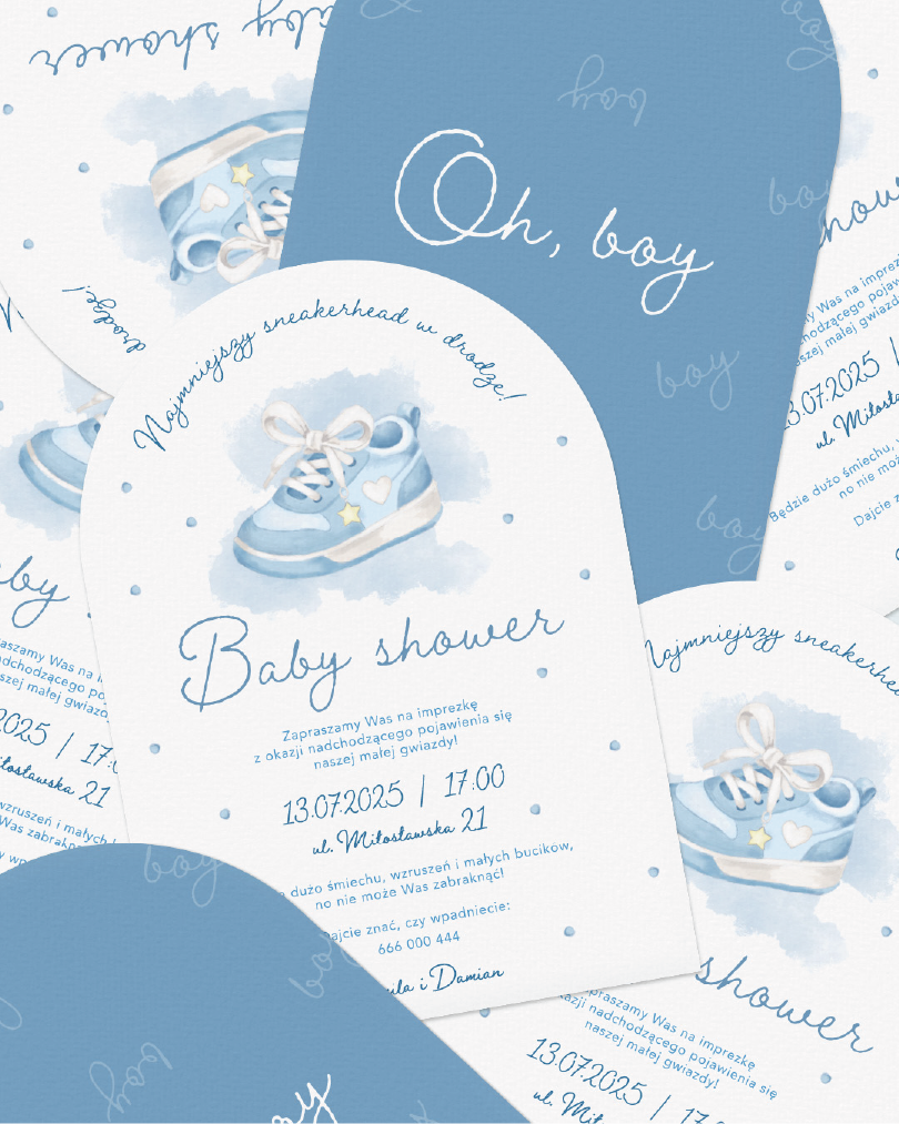 Zaproszenie na baby shower dla chłopca z niebieskimi bucikami i napisem Oh, boy.