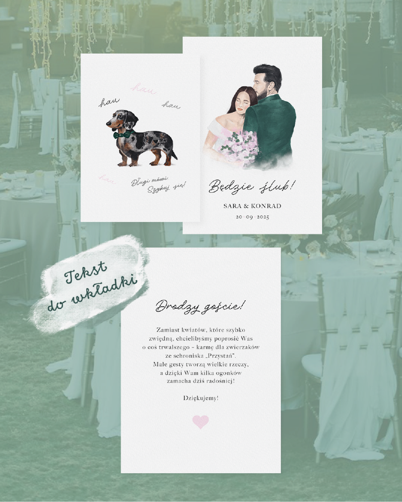 Zestaw zaproszeń ślubnych z ilustracją pary i jamnika.