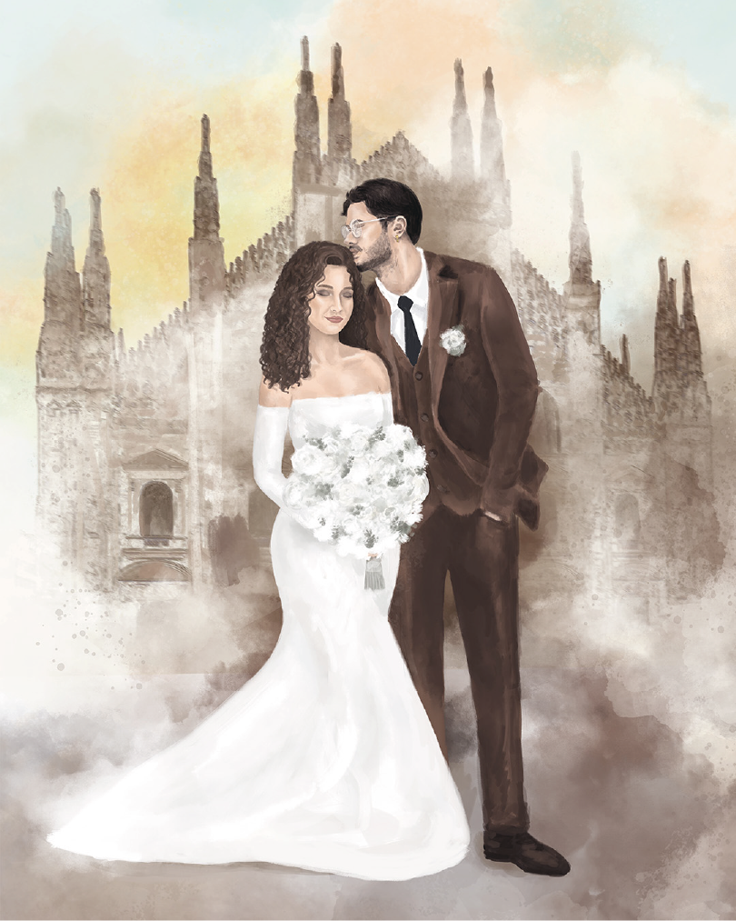 Ilustrowany portret pary młodej na tle katedry w Mediolanie w ciepłej, romantycznej kolorystyce.