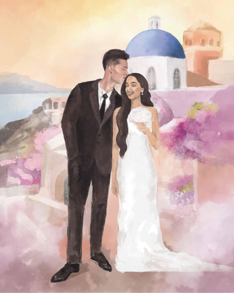 Ilustrowany portret pary młodej na tle greckiej architektury z Santorini.
