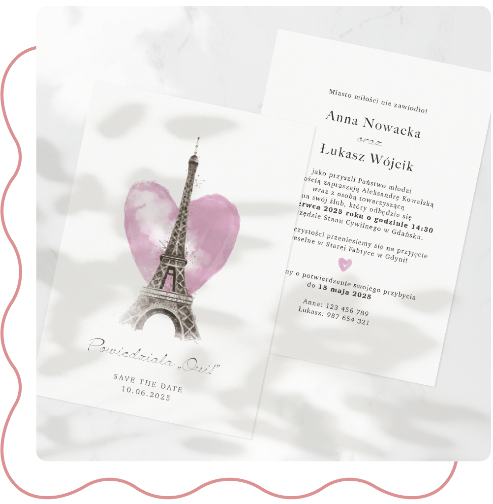 Zaproszenie ślubne z wieżą Eiffla i różowym sercem w stylu paryskim z napisem Save the Date.