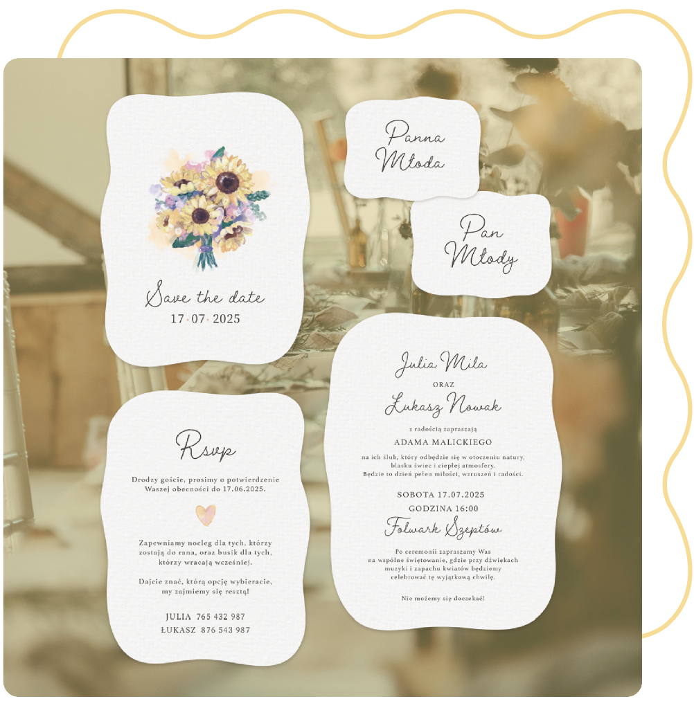 Zestaw zaproszeń ślubnych z motywem słoneczników i falistymi kartami na tle stołu weselnego.