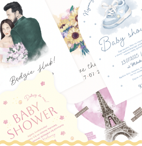 Papeteria i ilustracje tworzone od serca – zestaw zaproszeń na ślub, baby shower i inne wyjątkowe okazje z autorskimi motywami, jak np. wieża Eiffla.